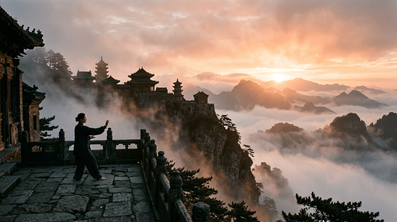 Person performing Tai Chi on stone terrace overlooking misty mountain landscape with temple buildings