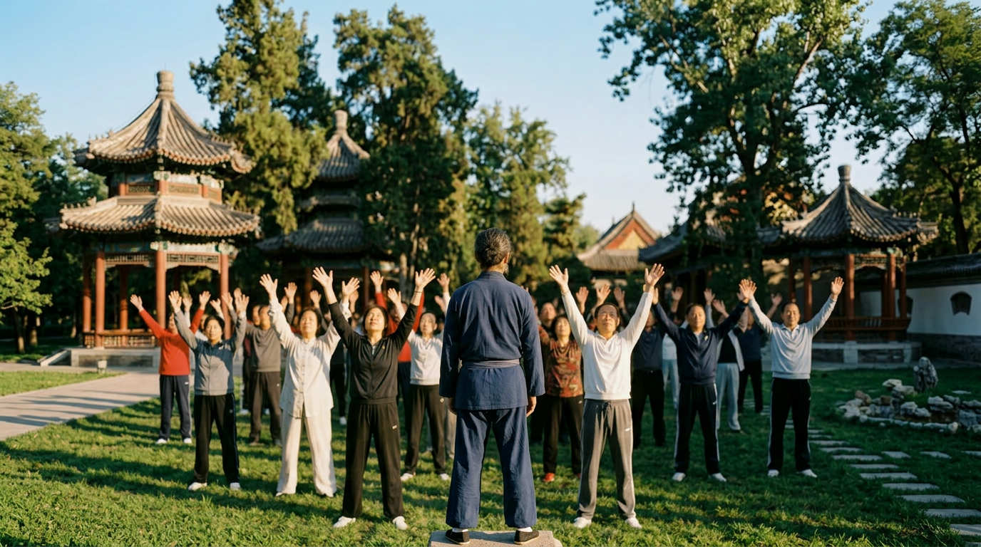 Group of people practicing tai chi outdoors raising arms in unison